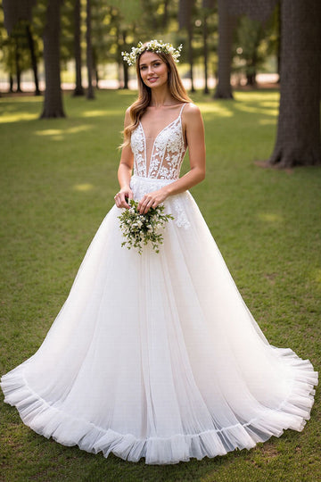 Ivory A Line Spaghetti Straps Wedding Dress with Appliques